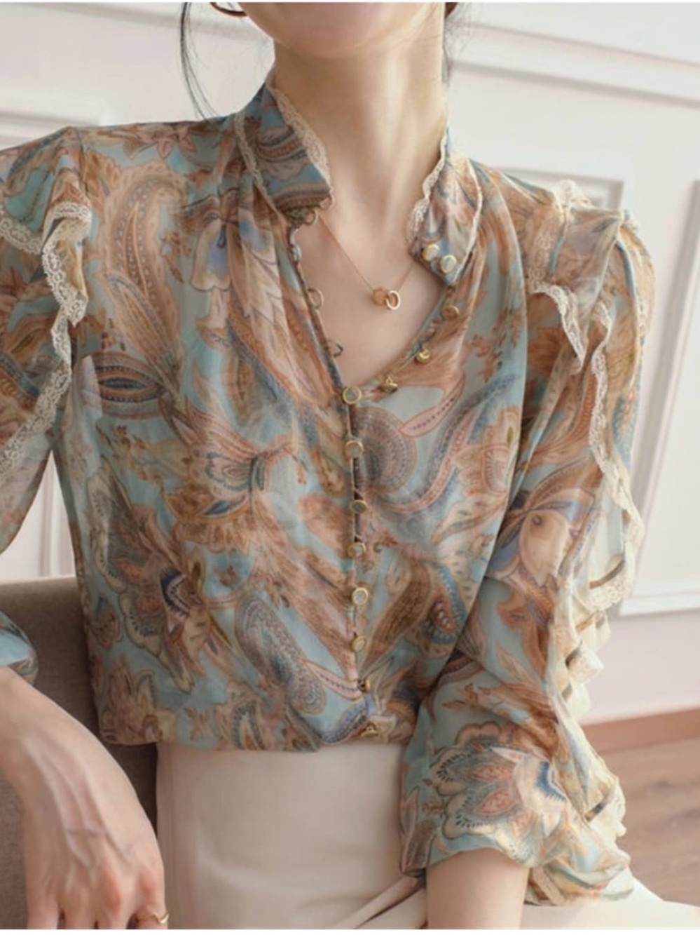 Zimmerman inspired Sheer Floral Boho Top Light Blue Paisley Silk Blouse SZ L